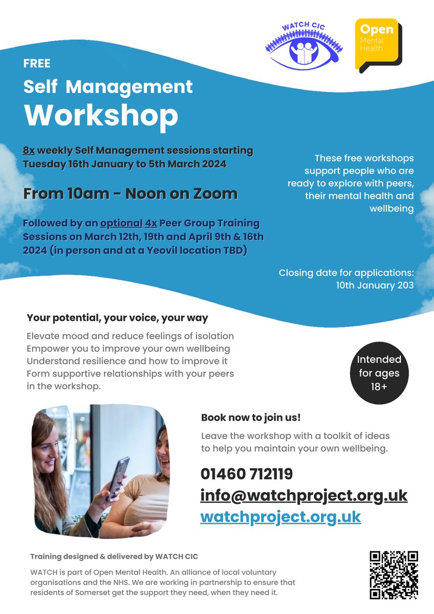 TheWATCHProject's tweet image. It's your last chance to grab a place on this FREE Self Management Workshop starting in January in Yeovil!

Please call 01460 712119 or email info@watchproject.org.uk to reserve your spot.