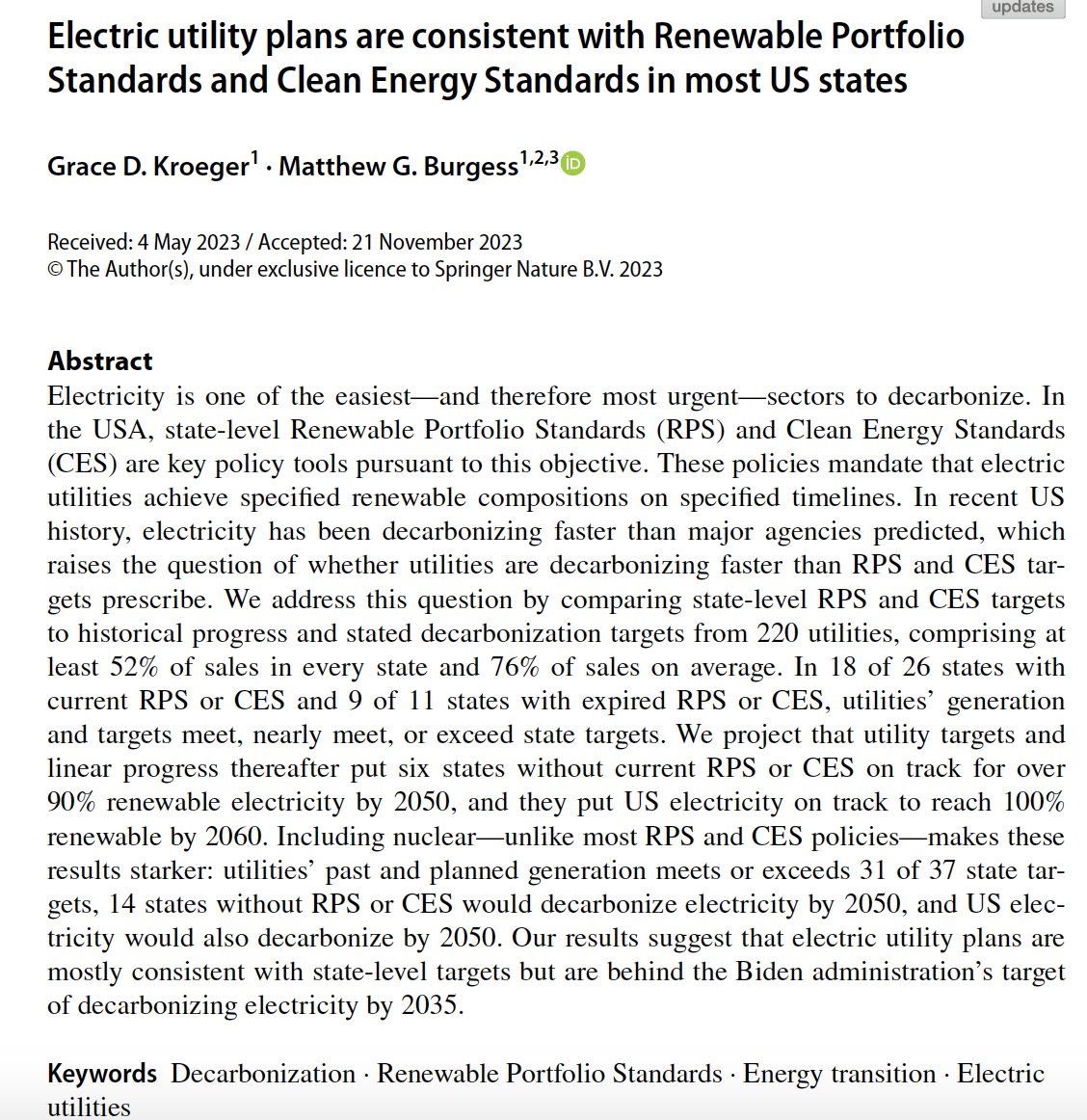 New paper out in @ClimaticChange_ , with Grace Kroeger, an awesome @CUBoulderENVS undergrad alum, based on her honors thesis: 'Electric utility plans are consistent with Renewable Portfolio Standards and Clean Energy Standards in most US states' link.springer.com/article/10.100… 1/