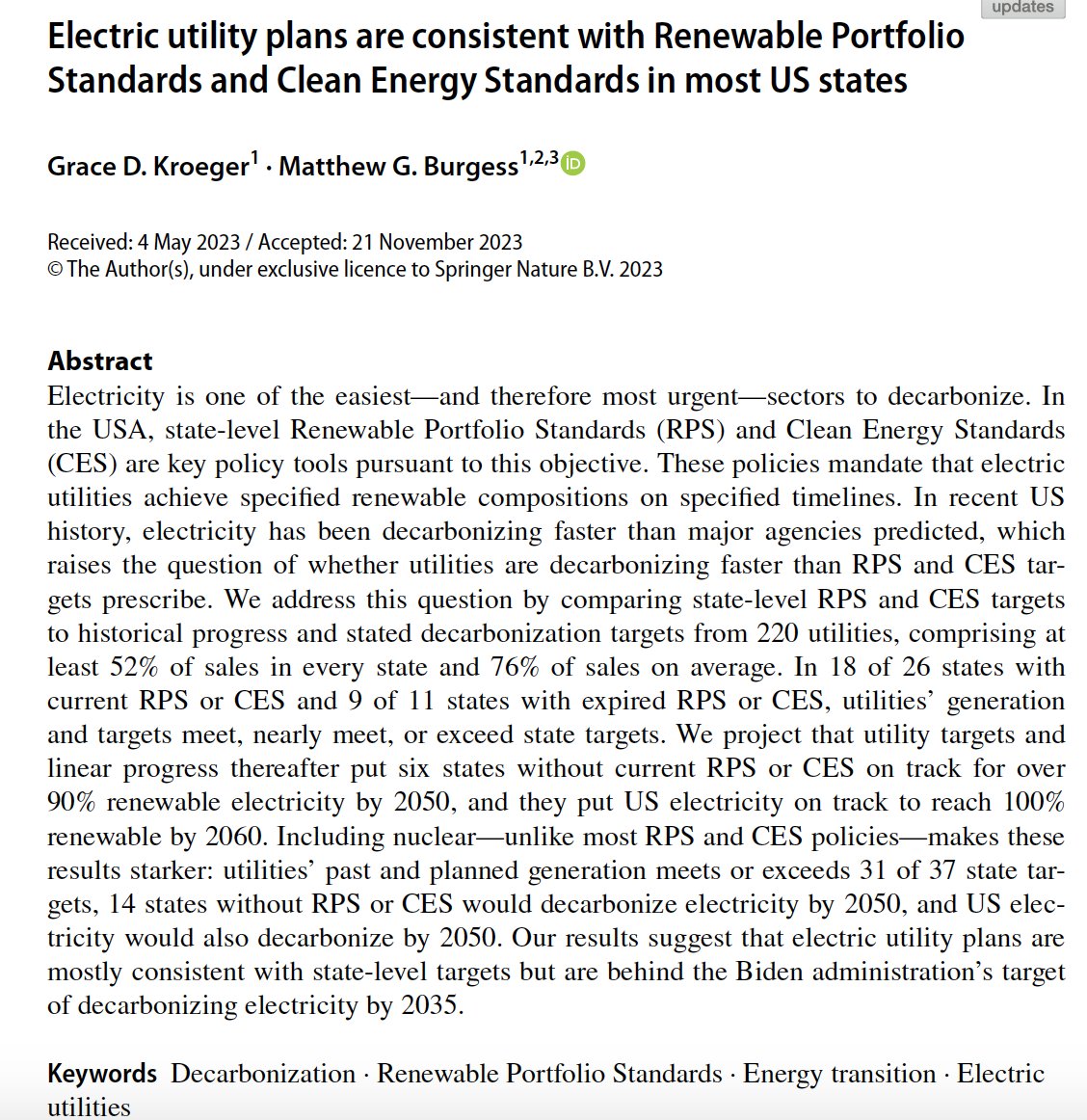 Matt Burgess (@matthewgburgess) on Twitter photo New paper out in <a href="/ClimaticChange_/">Climatic Change Journal</a> , with Grace Kroeger, an awesome <a href="/CUBoulderENVS/">CUBoulderENVS</a> undergrad alum, based on her honors thesis:
"Electric utility plans are consistent with Renewable Portfolio Standards and Clean Energy Standards in most US states"
link.springer.com/article/10.100… 1/ New paper out in <a href="/ClimaticChange_/">Climatic Change Journal</a> , with Grace Kroeger, an awesome <a href="/CUBoulderENVS/">CUBoulderENVS</a> undergrad alum, based on her honors thesis:
"Electric utility plans are consistent with Renewable Portfolio Standards and Clean Energy Standards in most US states"
link.springer.com/article/10.100… 1/