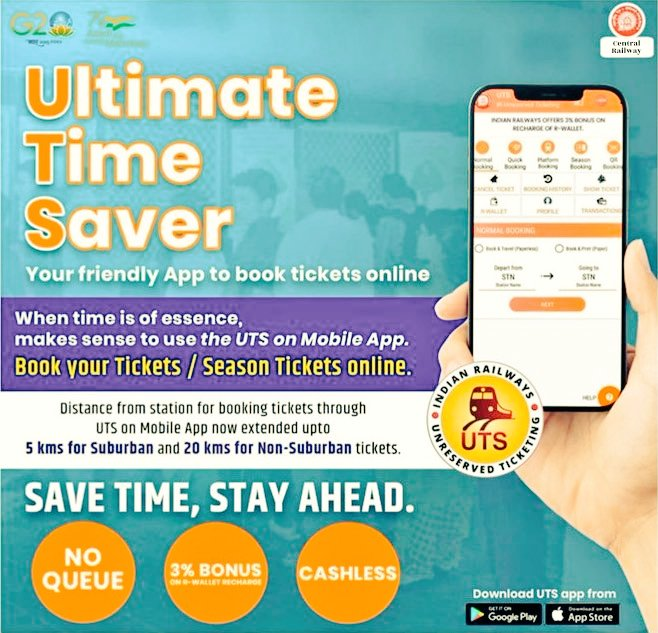 drmmumbaicr's tweet photo. Your #Ultimate_Time_Saver! Say goodbye to long queues and hello to hassle-free ticket booking with the #UTS_app! Book your train tickets online. Download the UTS app today and enjoy a seamless journey with just a few taps!
@RailMinIndia
@Central_Railway https://t.co/3tvT7usOry