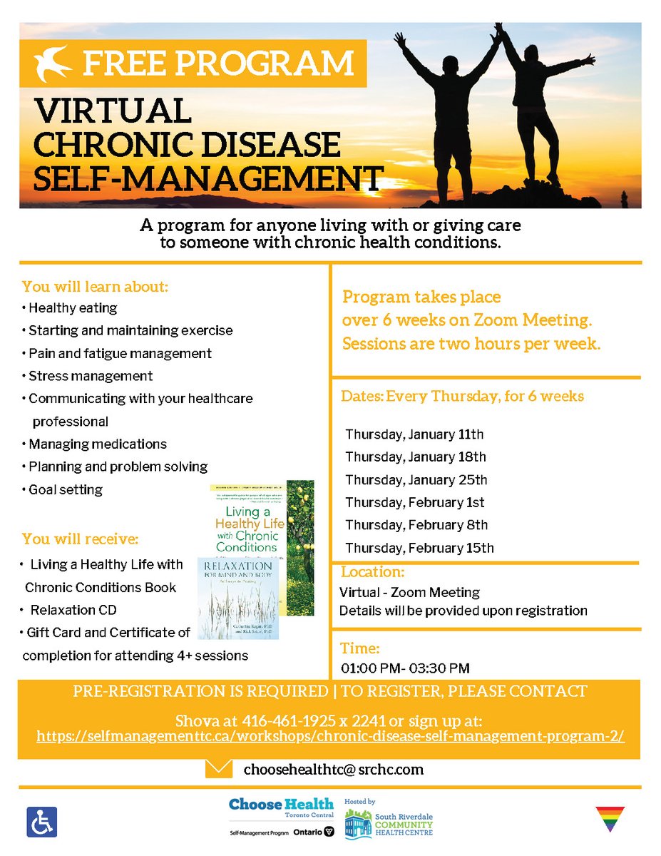 Choose Health is offering a free virtual Chronic Disease Self-Management program for anyone living with or caring for someone with a chronic health condition. Learn about healthy eating, exercise, pain management and more. Register here: bit.ly/3GLKqmx
