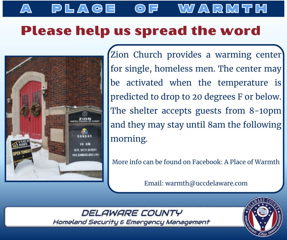 A Place of Warmth will be open at the Zion Church tonight December 18th, 2023.
The church is located at 51 W. Central AVE in Delaware at the corner of Franklin ST &amp; W. Central AVE.  Please direct all questions to the church at 740-362-6691.