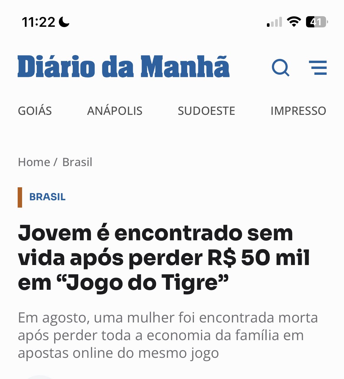 Jovem é encontrado sem vida após perder R$ 50 mil em “Jogo do