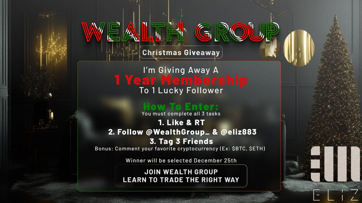 EliZ (@eliz883) on Twitter photo 🎄Lets do a Christmas Giveaway🎄
I'm giving away 1 year of membership to a lucky winner.
Perfect chance to join this amazing family of traders and ready yourself for the bull market! 🤝
To enter the giveaway 👇
❗️Like and retweet
❗️Follow me and <a href="/WealthGroup_/">Old account</a>
❗️Tag 3 friends 🎄Lets do a Christmas Giveaway🎄
I'm giving away 1 year of membership to a lucky winner.
Perfect chance to join this amazing family of traders and ready yourself for the bull market! 🤝
To enter the giveaway 👇
❗️Like and retweet
❗️Follow me and <a href="/WealthGroup_/">Old account</a>
❗️Tag 3 friends