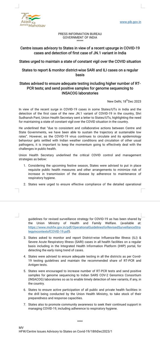 Centre issues advisory to States in view of a recent upsurge in #COVID19 cases and detection of first case of JN.1 variant in #India!

Recently 1st new varient of Covid has detected in #Kerala! 
#CoronaUpdates!