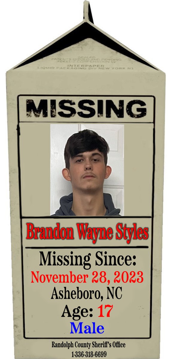 🚨🚨🚨 MISSING CHILD 🚨🚨🚨

Brandon Wayne Styles
Age: 17
Missing Since: 11/28/23
#Asheboro, #NorthCarolina 

Brandon may still be in the local area or he may travel to other cities in Randolph County or #GuilfordCounty, North Carolina.

Please Call If You Have Information:…