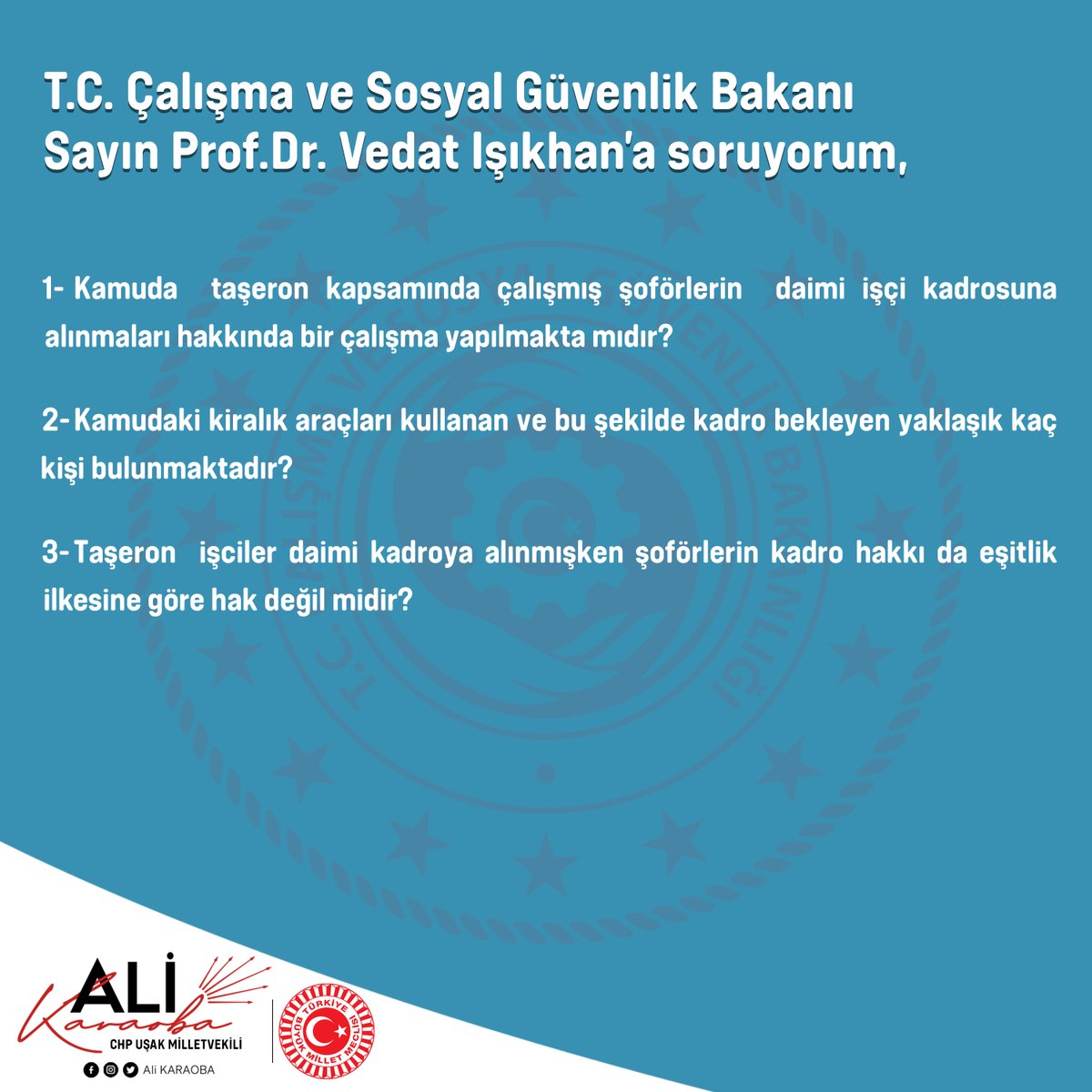 TBMM'ye soru önergemizi verdik. Yıllardır büyük bir özveriyle trafikte olan, kamuda taşeron olarak görev yapan şoförlerimizle ilgili; ❓Daimi işçi kadrosuna geçişlerle ilgili bir çalışma yapılmakta mıdır? ❓Kiralık araçları kullanan ve kadro bekleyen emekçilerimizin sayısı