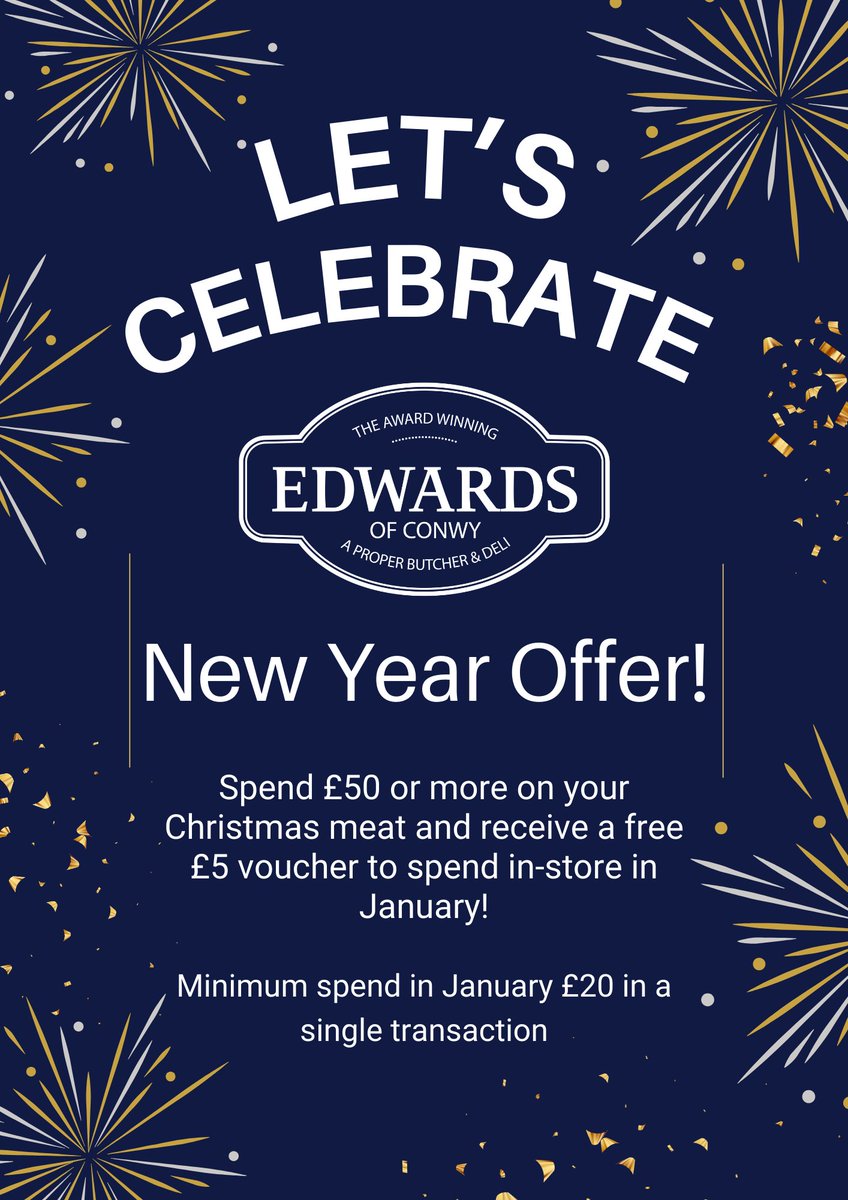 Let's celebrate! 🎉🎊
Spend £50 or more this December and receive a FREE £5 voucher to spend in-store in January!

#edwardsofconwy #celebrate #christmas2023