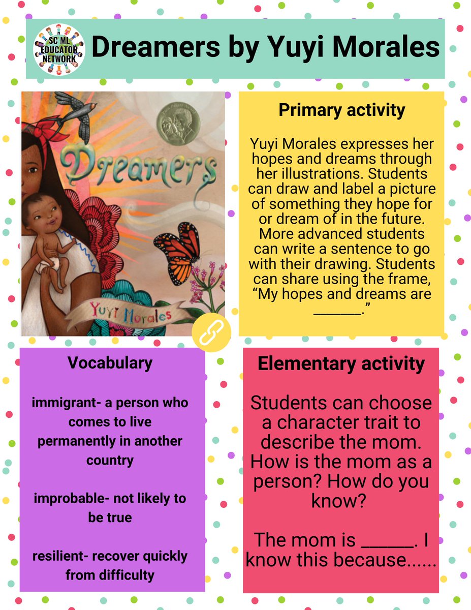 Looking for some holiday reading? Thanks to Megan T. on our Leadership Team for sharing this gorgeous book and some neat activities to go along with it. Have you read Dreamers by @yuyimorales? CLICKABLE version here: drive.google.com/file/d/1Sib-JI…