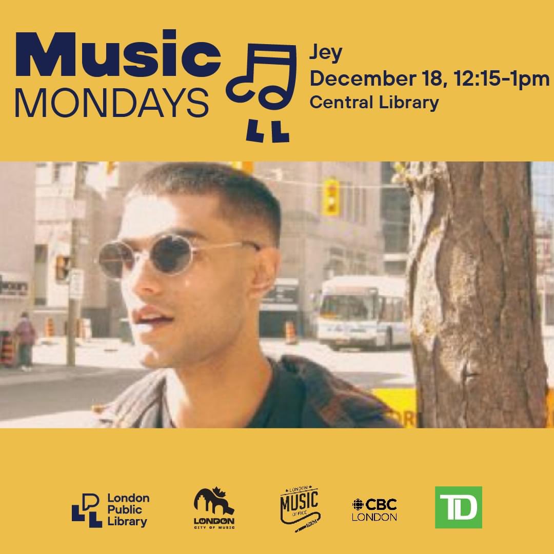 TODAY join us for our last Music Mondays of the year! Enjoy a free concert with Jey from 12:15-1pm on the main floor of Central Library.