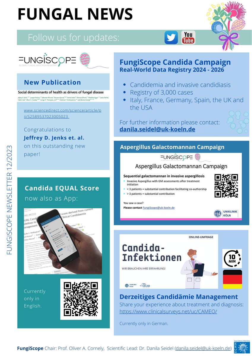The new FungiScope Newsletter is online 🥳! Take a break and enjoy reading on #FungalInfections #IFI. News on the #Candida #EQUALScore #App, campaigns, surveys, publications and more 📷. @eurconfmedmycol @UKKoeln @UniCologne @CECAD_
