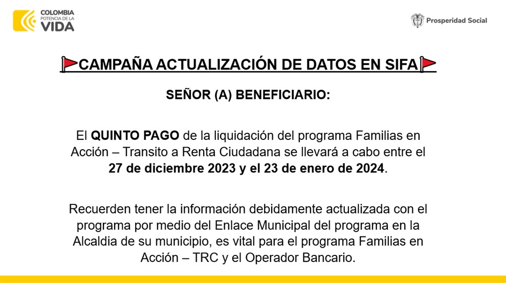El enlace de familias en acción informa a los beneficiarios de estos programas que el pago 5 se llevará a cabo del 27 de diciembre de 2023 al 23 de enero de 2024, por otro lado deben realizar la actualización de información por medio del enlace municipal.
junin-cundinamarca.gov.co/noticias/actua…
