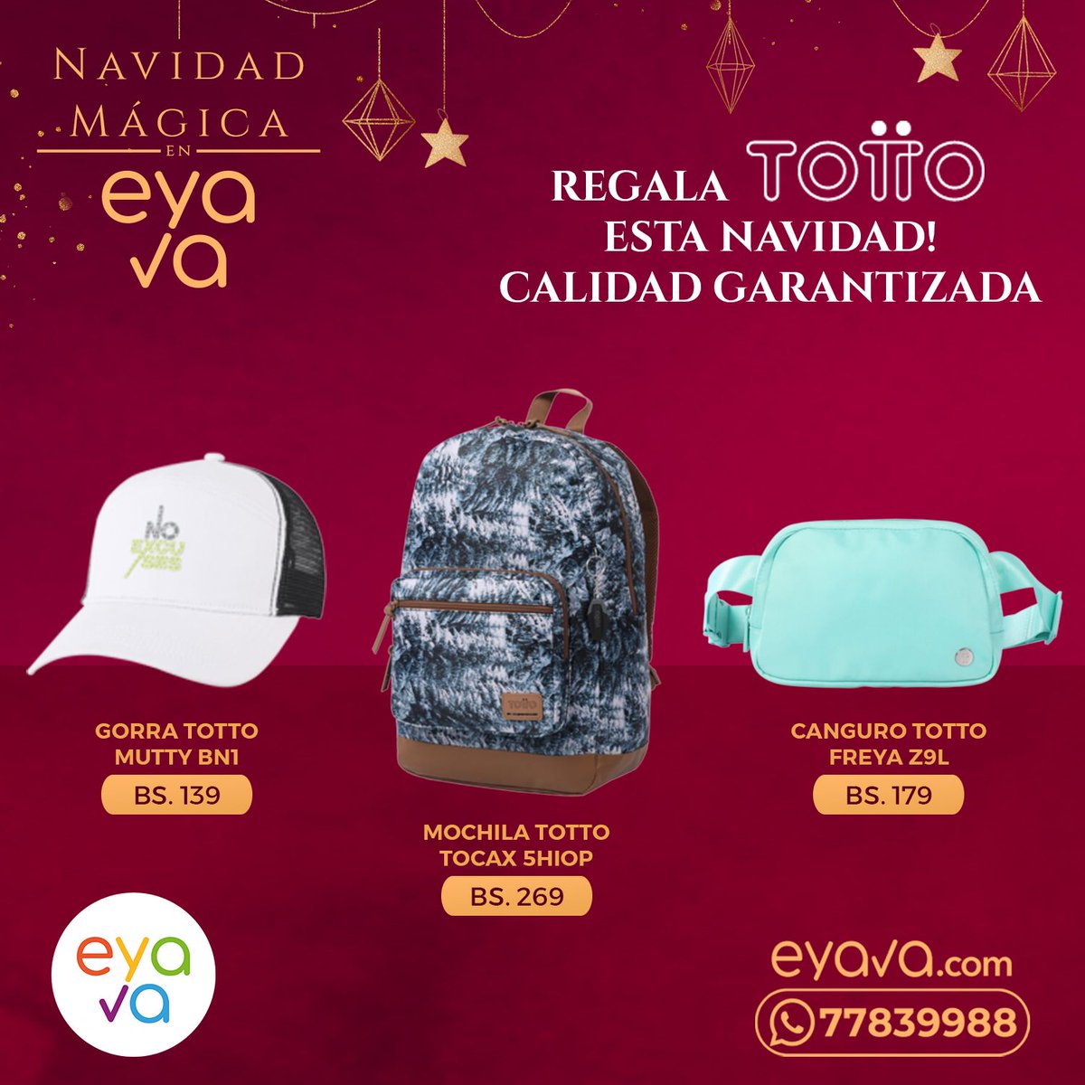 INSTAGRAM
¡Haz que esta Navidad sea inolvidable con Totto! 🎁

Ingresa a 👉 eyava.com para ver todas las opciones
¿Tienes preguntas? Escríbenos por WhatsApp 👉778-39988

¡Celebremos juntos la magia de la Navidad con estilo Totto! 🎉
 #RegalaCalidad #NavidadConTotto