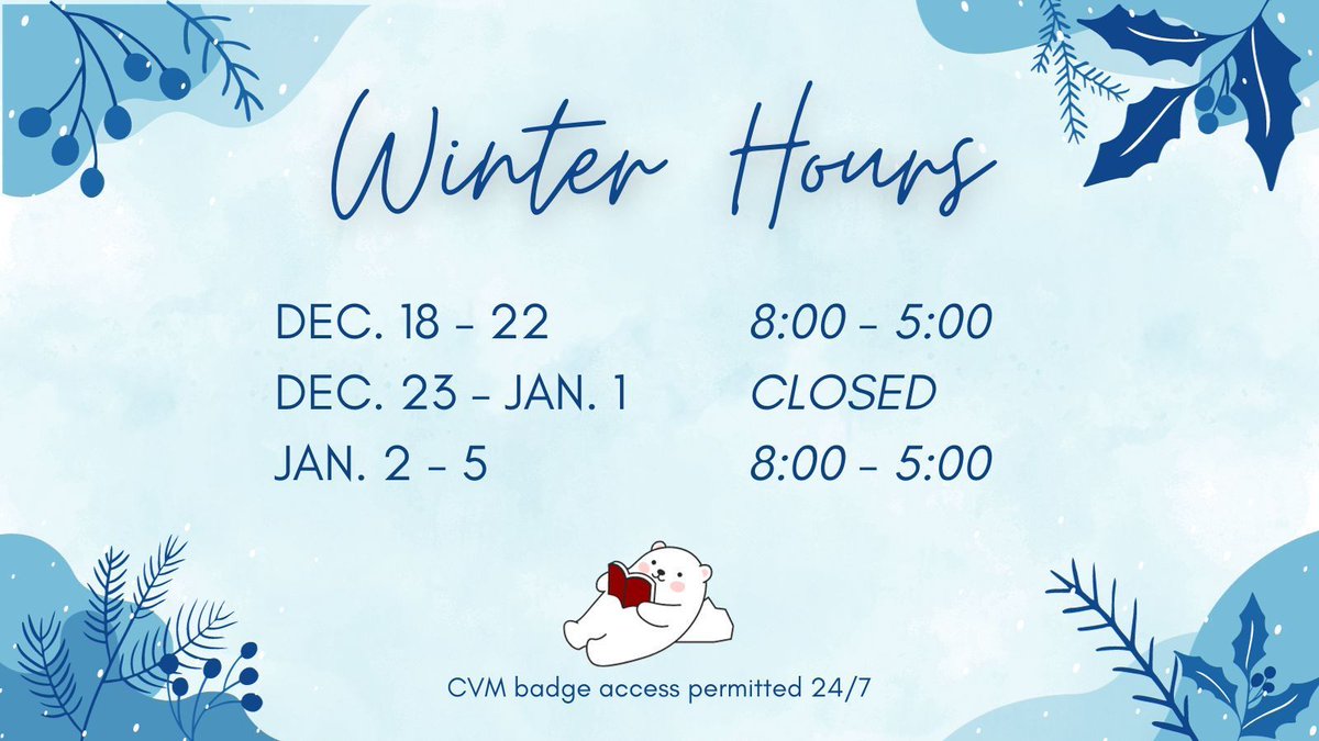 Mizzou Veterinary Medical Library (@zalklibrary) on Twitter photo This is the last week the library is open in 2023! ๐  MU campus will be closed next week for winter break, and we will reopen at 8:00 a.m. on January 2nd. Have a safe winter break, tigers! โ๏ธ This is the last week the library is open in 2023! ๐  MU campus will be closed next week for winter break, and we will reopen at 8:00 a.m. on January 2nd. Have a safe winter break, tigers! โ๏ธ