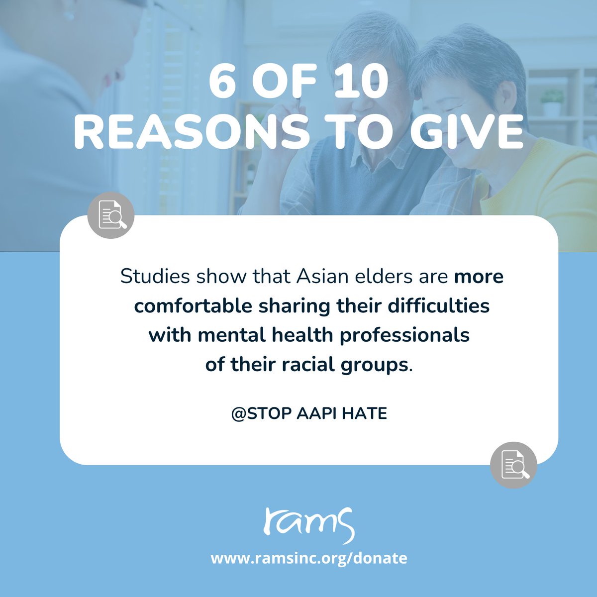 Day 6 of 10 Reasons to Give to RAMS: To address the need of multilingual consultation, we provide culturally-responsive mental health services in 33 languages. Your donations help people receive support from those who share similar experiences & cultures: ramsinc.org/donate