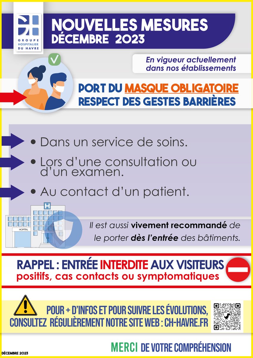 ℹ️ [Consignes sur le port du masque au GHH – Décembre 2023] 🏥En cette fin d’année 2023, le GHH vous informe que le port du masque est de nouveau obligatoire pour les visiteurs et usagers dans les services de soins🩺- Pus d'infos vu.fr/AlGD ✔️