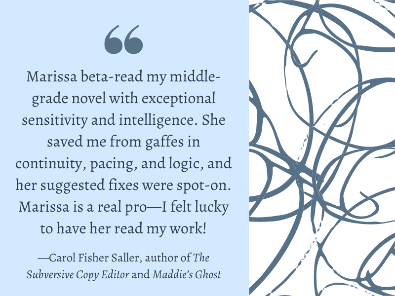 Marissa Earl (@earleditorial) on Twitter photo Hey! Hey! Look! What kind words from *the* <a href="/SubvCopyEd/">Carol Saller</a>!π
Thanks, Carol, I had a wonderful time working with you!
#BetaReading #AmEditing #Testimonials #Fiction Hey! Hey! Look! What kind words from *the* <a href="/SubvCopyEd/">Carol Saller</a>!π
Thanks, Carol, I had a wonderful time working with you!
#BetaReading #AmEditing #Testimonials #Fiction