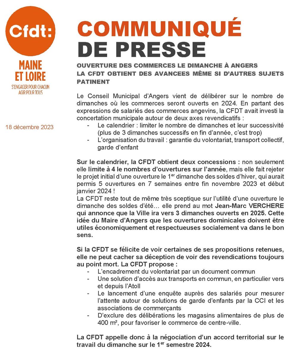 🗞️ Retrouvez le communiqué de presse de la CFDT Maine-et-Loire sur les ouvertures des commerces le dimanche à Angers
👇👇👇
paysdelaloire.cfdt.fr/portail/pays-d…