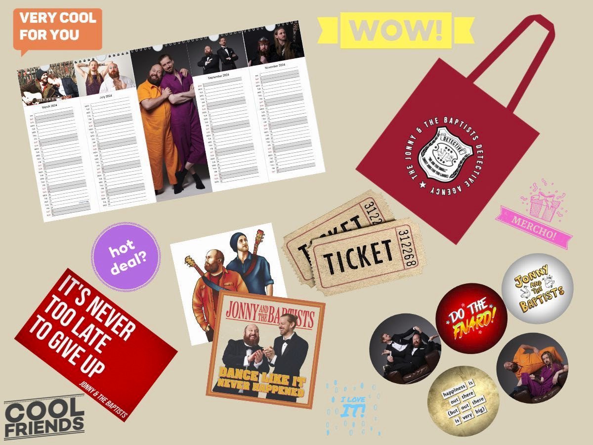 HAPPY CHRISTMERCH*!
(*xmas merch xmas, not Christ-themed merch)

Still hunting for cool prezzies?
Get your loved one/enemy a j&amp;tb xmas gift bag! Inc 2024 calendar, fridge magnet, badges, cds &amp; tote! ORDER TONIGHT/ TOMORROW (AM) &amp; GET IT FOR XMAS! (in UK)
jonnyandthebaptists.bandcamp.com/merch