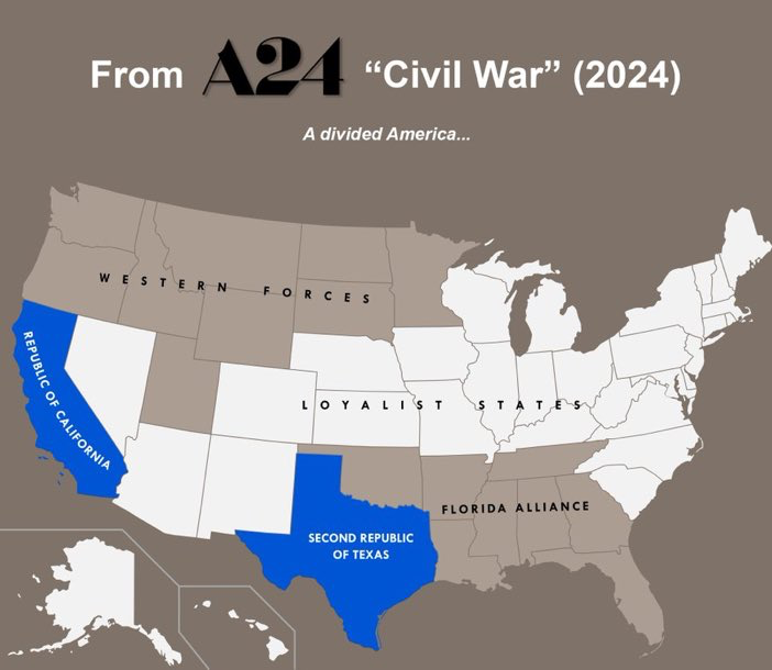 of course Washington and Oregon would side with Idaho while Alaska would side with New York, this all makes sense and isn't a desperate attempt to make a civil war movie that says absolutely nothing about modern politics