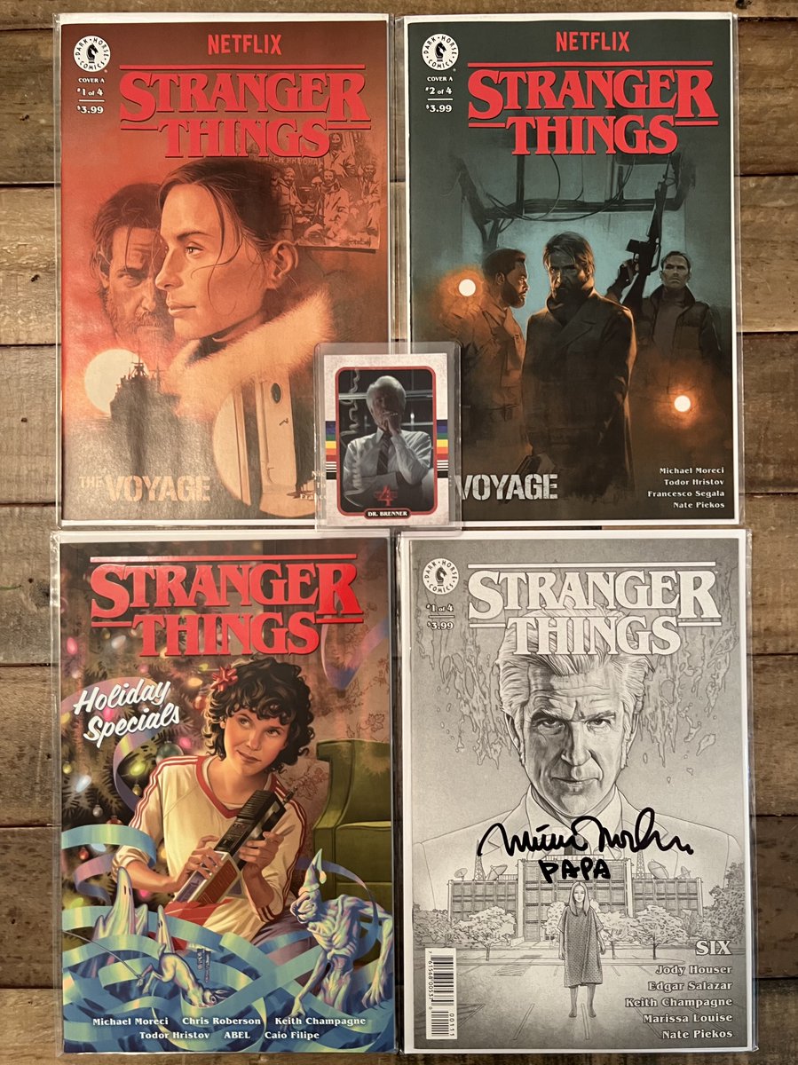 MatthewModine's tweet image. REPOST by Monday, 12/25 (Xmas day!) for a chance to win these #StrangerThings comics from @DarkHorseComics! Includes:

- ST: SIX #1, B&amp;amp;W Sketch Variant - Signed!
- HOLIDAY SPECIALS
- THE VOYAGE #1 &amp;amp; #2
- Signed Dr. Brenner Trading Card

Good luck and happy holidays! #ModineMonday
