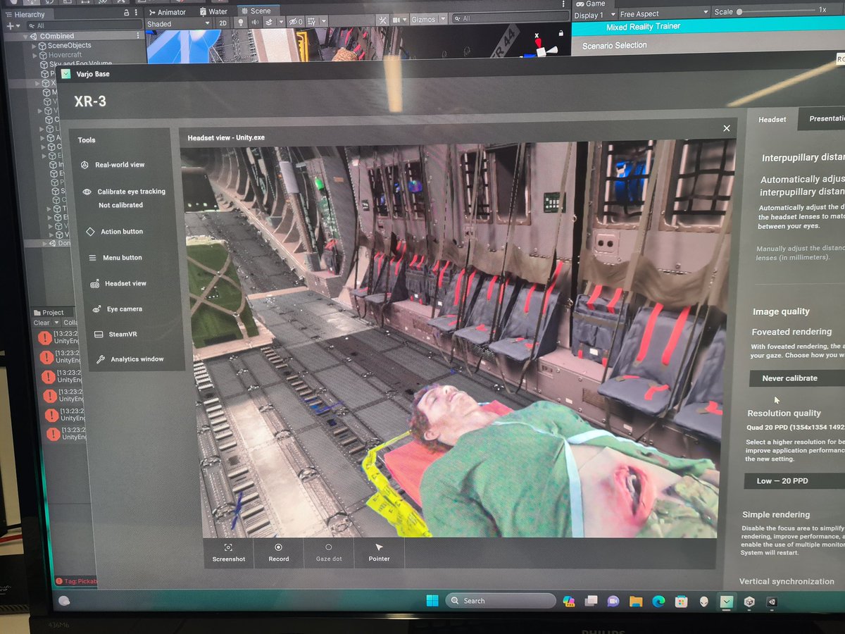 A successful progress review with our Defence Medical Services/Royal Centre for Defence Medicine sponsor, Group Capt Di Lamb today, showing three of the new scenarios in our Mixed Reality training enclosure (A400M, ship's engine room and Royal Marines landing craft (LCAC)).