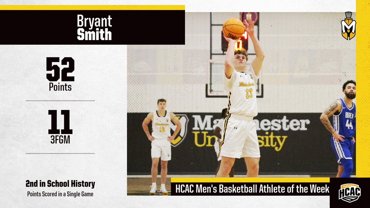 Manchester University Athletics (@muspartans) on Twitter photo MBB: Congratulations to junior guard Bryant Smith for being named <a href="/HCACDIII/">Heartland Collegiate Athletic Conference</a> Men's Basketball Athlete of the Week!
Read: bit.ly/3RJzSKR
#MUSpartans | #SpartanPride MBB: Congratulations to junior guard Bryant Smith for being named <a href="/HCACDIII/">Heartland Collegiate Athletic Conference</a> Men's Basketball Athlete of the Week!
Read: bit.ly/3RJzSKR
#MUSpartans | #SpartanPride