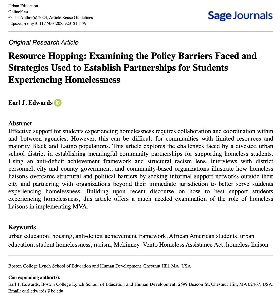 Earl Edwards, Ph.D. (@eedwards02) on Twitter photo New <a href="/UrbanEdJournal/">Urban Education Journal</a> publication. Combined a structural racism lens with the anti-deficit achievement framework to analyze strategies district liaisons used to support youth impacted by #studenthomelessness in a historically divested, Black and Latino city. shorturl.at/deiBE New <a href="/UrbanEdJournal/">Urban Education Journal</a> publication. Combined a structural racism lens with the anti-deficit achievement framework to analyze strategies district liaisons used to support youth impacted by #studenthomelessness in a historically divested, Black and Latino city. shorturl.at/deiBE