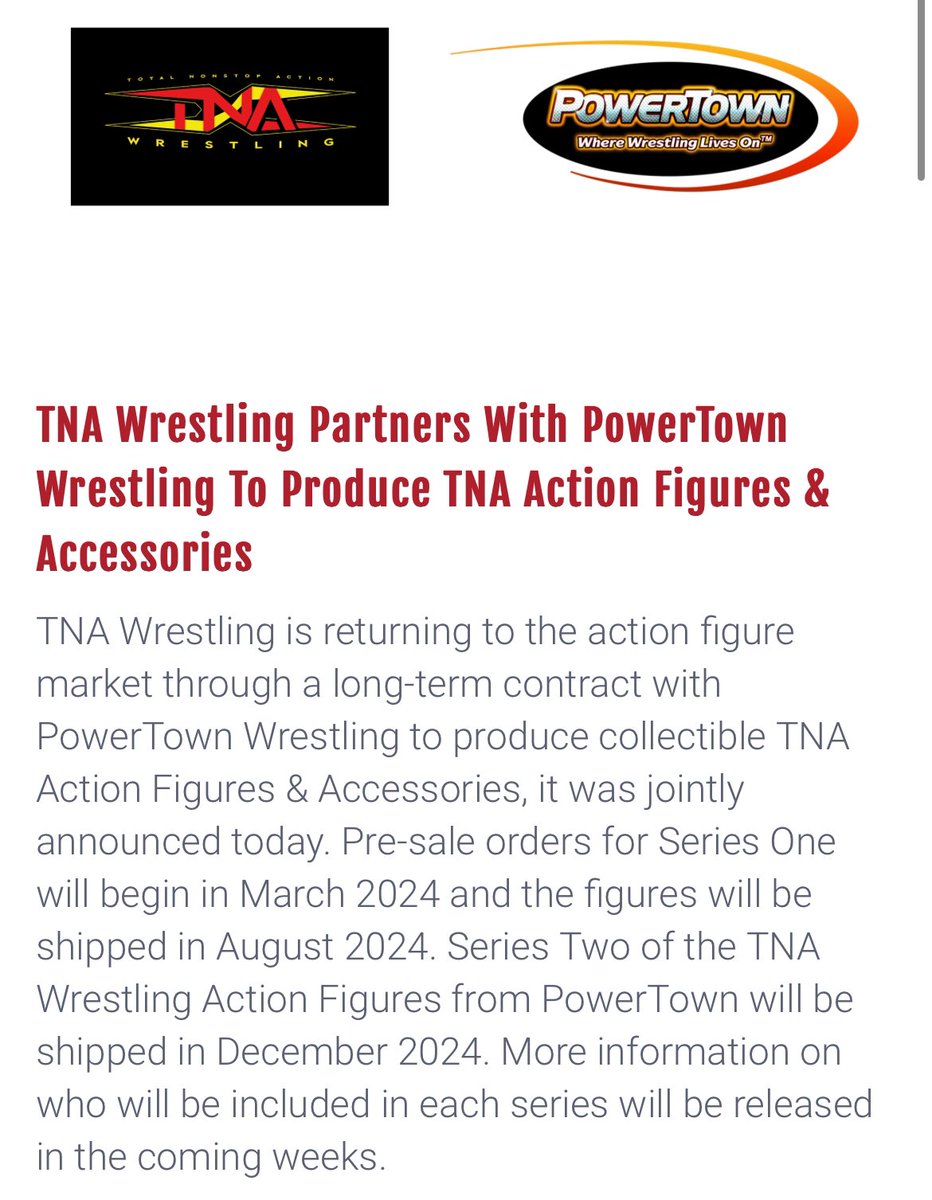TNA X @powertownwrestling coming 2024! What do you think?

Full article:
tnawrestling.com/2023/12/18/tna…

Join Whatnot @ WHATHEEL.com & get $15 to use!

#figheel #actionfigures #toycommunity #toycollector #wrestlingfigures #wwe #aew #njpw
