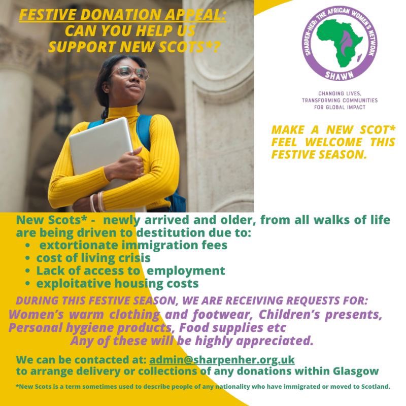 If anyone is looking for some inspiration of how you can give a little back this holiday season, then please support @AngieMwafulirwa & @HerAfrican to make #NewScots feel welcome.
All info in the attached image or reach out directly to Angie for more info.