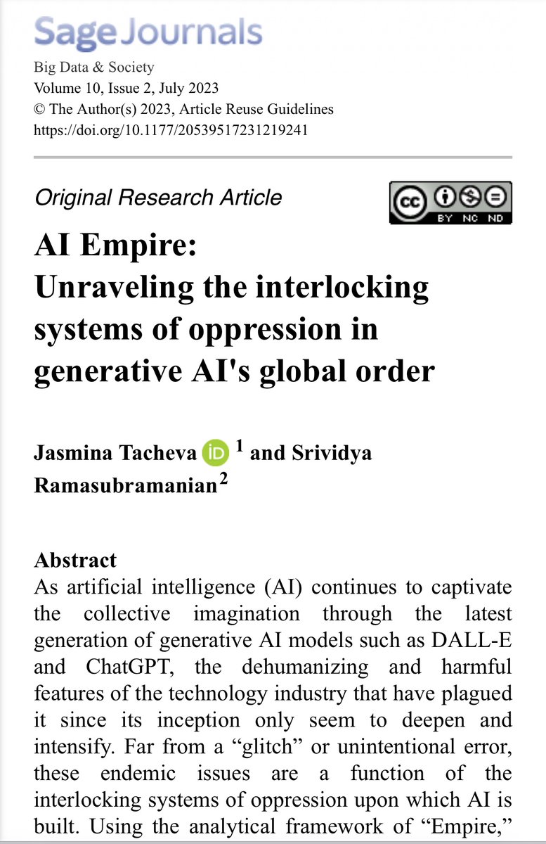 Just published: Tacheva, J., & Ramasubramanian, S. (2023). AI Empire: Unraveling the interlocking systems of oppression in generative AI’s global order. Big Data & Society, 10(2). doi.org/10.1177/205395…

#AI #DataScience #AIforGood #DataJustice