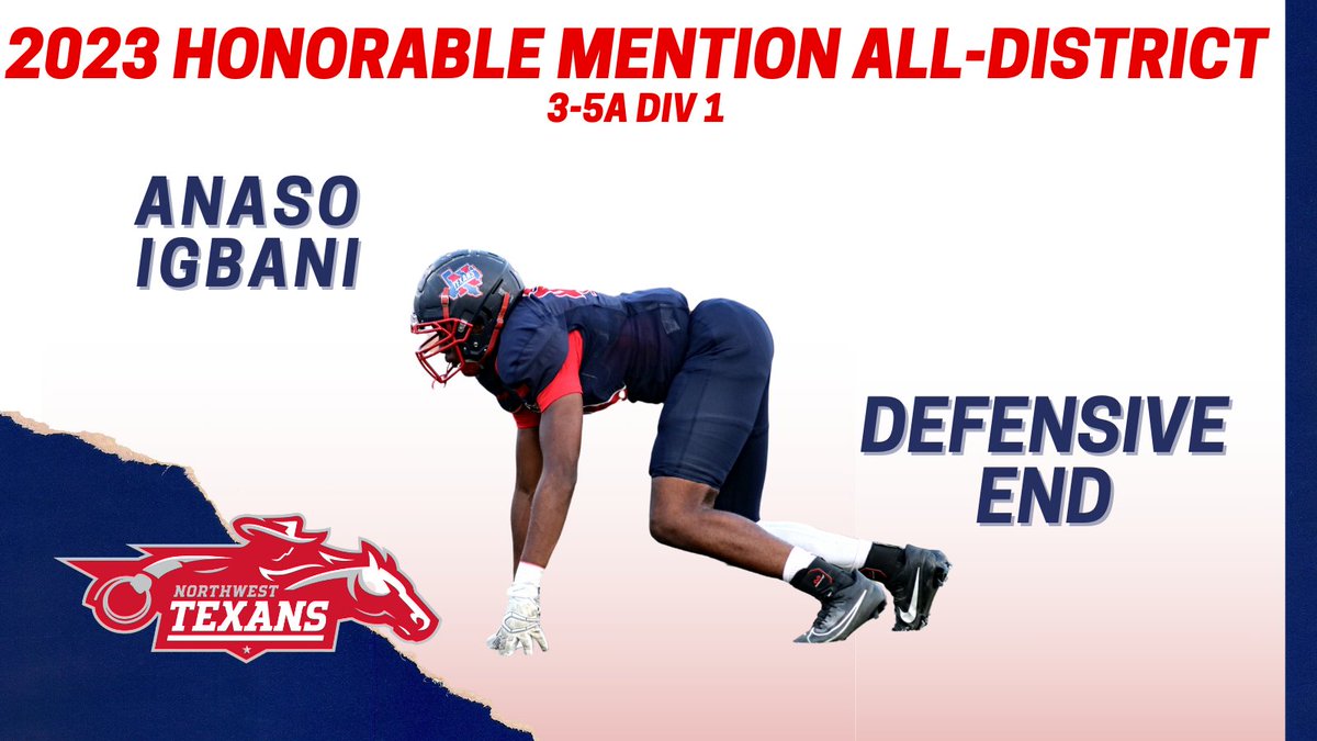 Bill Poe (@coach_bpoe) on Twitter photo Congrats to <a href="/AnasoIgbani/">Anaso Igbani</a> for making Honorable Mention District 3-5A Div 1 Defensive End!!
<a href="/NWTexanFootball/">NW Texans Football</a>
<a href="/NHSRecruits/">Northwest High School Football Recruiting</a> Congrats to <a href="/AnasoIgbani/">Anaso Igbani</a> for making Honorable Mention District 3-5A Div 1 Defensive End!!
<a href="/NWTexanFootball/">NW Texans Football</a>
<a href="/NHSRecruits/">Northwest High School Football Recruiting</a>