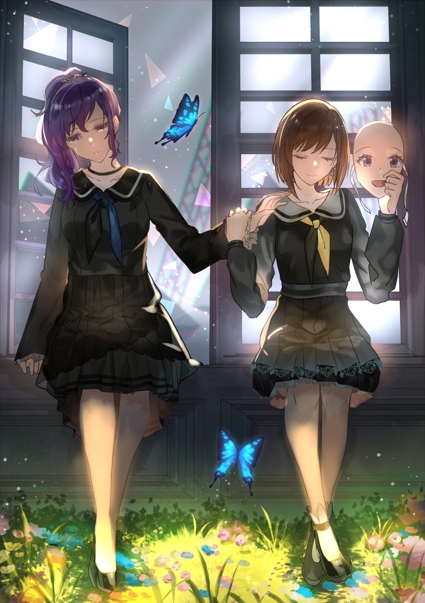 asahina mafuyu multiple girls purple hair blue butterfly butterfly school uniform bug skirt  illustration images