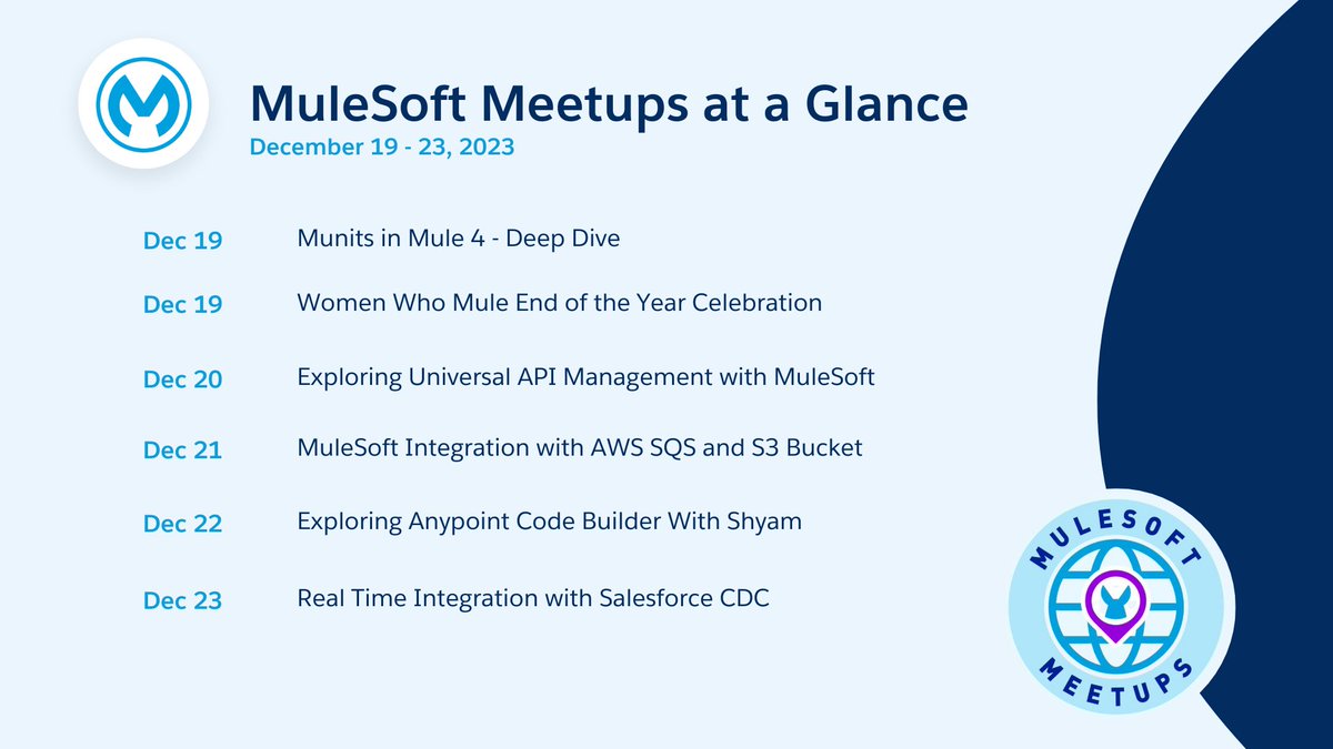 MuleSoft's tweet photo. 📅 Clear your calendar for this week's #MuleSoftMeetups: https://t.co/lefOnyXOb0 https://t.co/Oeyc0aFBdT