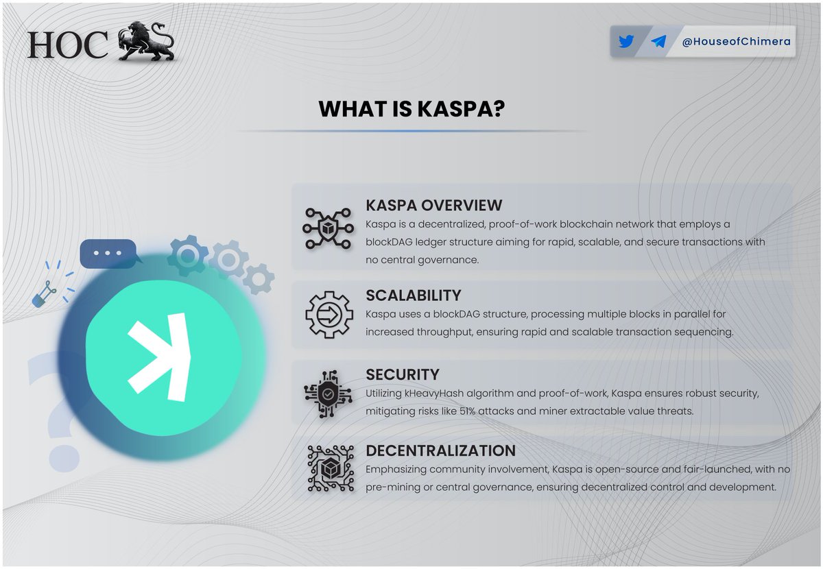 What is @KaspaCurrency? 🔹Kaspa is a decentralized, proof-of-work blockchain  network with a blockDAG ledger structure aiming for rapid, scalable, and  secure transactions with no central governance. 🔸Kaspa uses a blockDAG  structure, processing