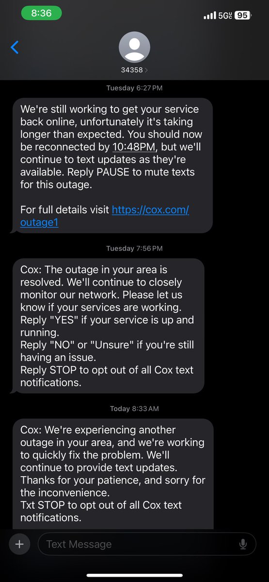 bobstractual's tweet photo. @CoxComm two outages lasting 6 hours or more in 6 days.

it’s fine i’m sure no one has to work from home or anything

why is Cox Communications such a bad choice? https://t.co/QmJKV63msV