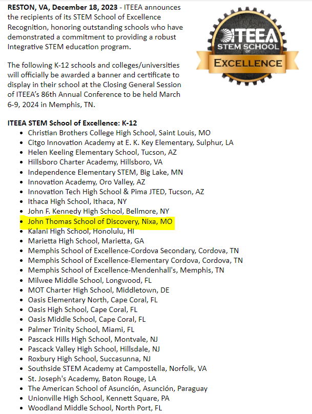 jtsdnixa's tweet photo. We received the @iteea STEM School of Excellence award for the 2023-2024 school year!🎉This accomplishment would not be possible without each one of our staff members contributing their greatness to our overall mission. #STEAMazing 🤗🤩 https://t.co/1pZTkwSLWE