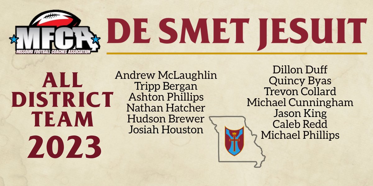 Congratulations to the members of the 2023 All District Team. Missouri Class 6 District 3 as selected by the Missouri Football Coaches Association. @DeSmetJesuitHS @DeSmet_ADBarker @MOFBCA #AMDG