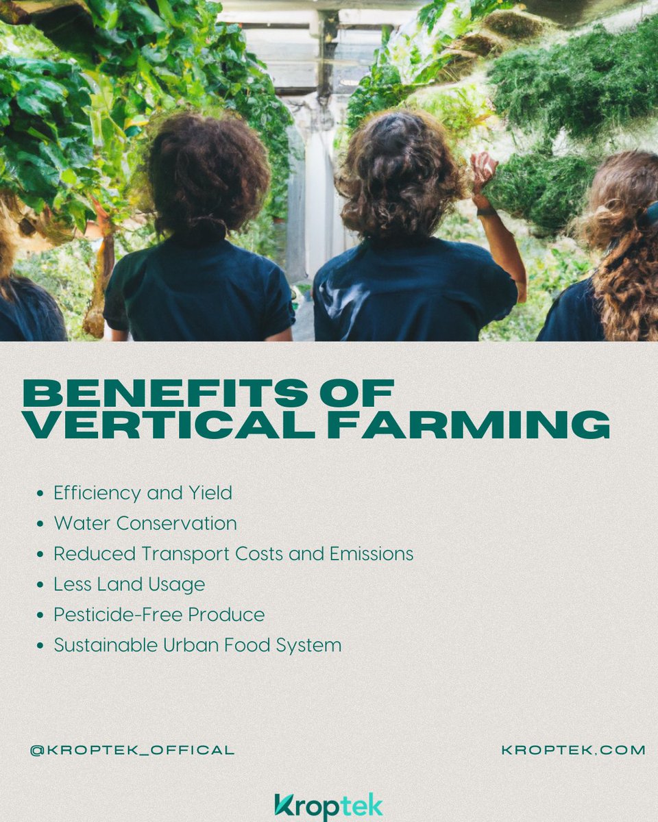 Concrete to crops 🏙️🌱 Explore the benefits of vertical farming and how it's bringing the farm to the city! Learn more about Kroptek's mission to promote vertical farming initiatives at hubs.ly/Q02dg_hx0 #VerticalFarmingBenefits #UrbanAg #KroptekSokutions