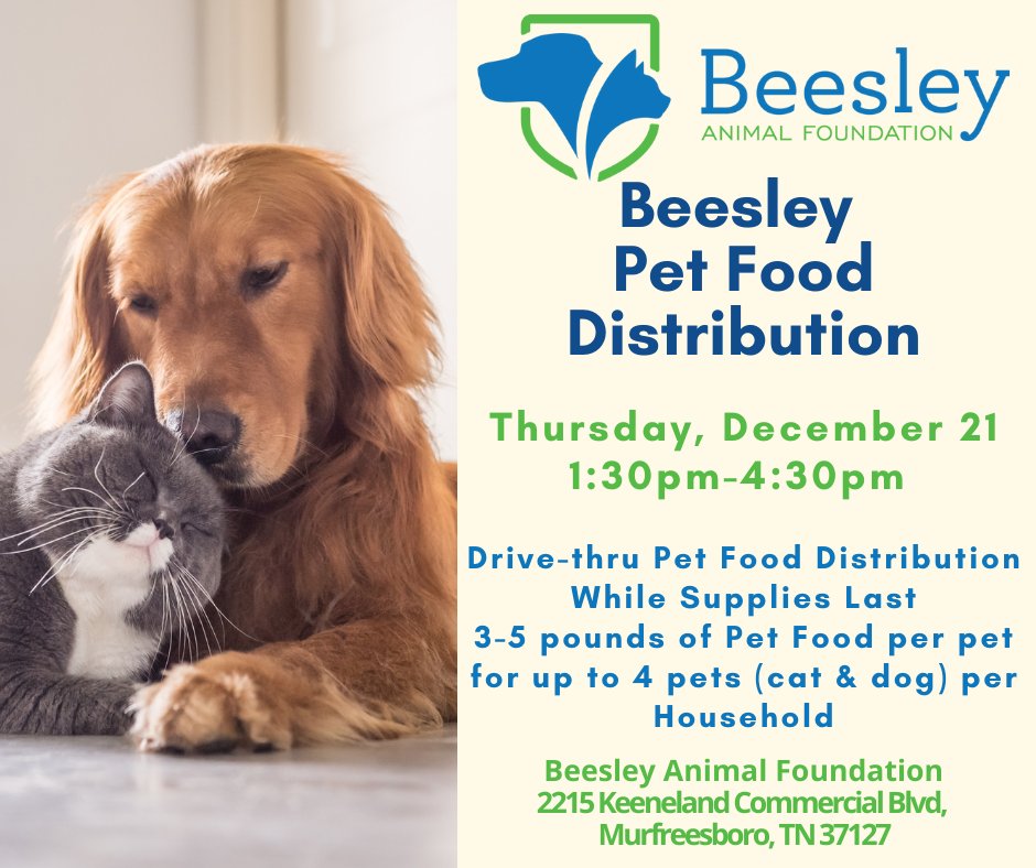 Our Quarterly Pet Food Distribution is THIS Thursday, December 21 from 1:30-4:30 at @BeesleyAnimal (2215 Keeneland Commercial Blvd, Murfreesboro) #PetWellness #HumanAnimalBond #KindnessRespectResponsibility