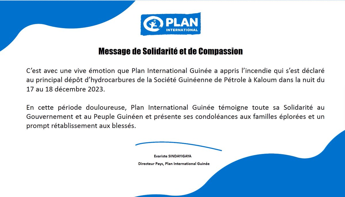 <a href="/planguinee/">Plan International Guinée</a> temoigne toute sa solidarité au <a href="/GouvernementGN/">Gouvernement de la République de Guinée</a>, au peuple guinéen et présente ses condoléances aux familles éplorées et un prompt rétablissement aux blessés suite à l’incendie qui s’est déclaré au principal dépôt d’hydrocarbures de la Société Guinéenne de Pétrole.