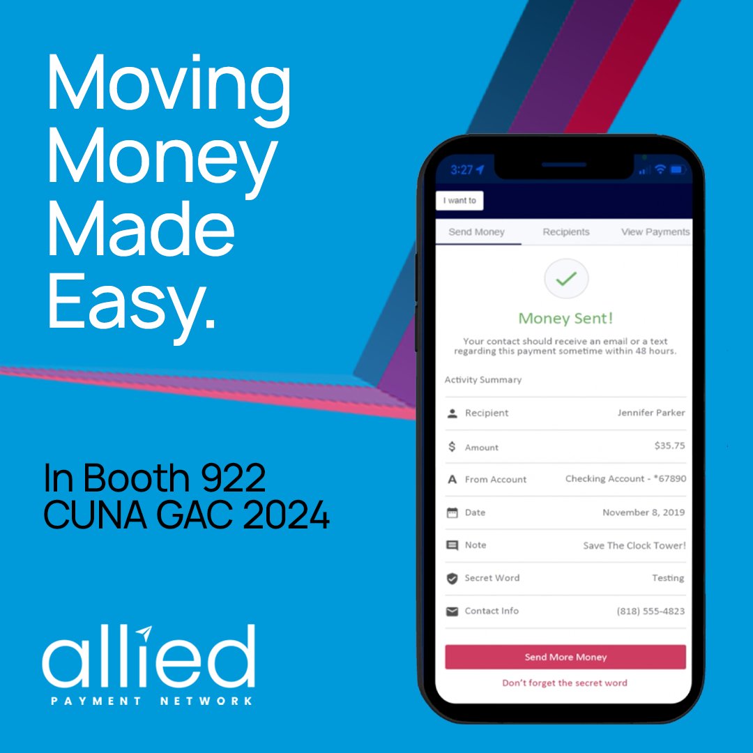 Learn how @AlliedPayment has simplified sending money and making payments at @CUNA #CUNAGAC2024, Mar 3–5.

We'll be BOOTH 922 showcasing our real-time digital payments solutions.

#realtimepayments #RTP #P2P #UniversalPaymentsNetwork