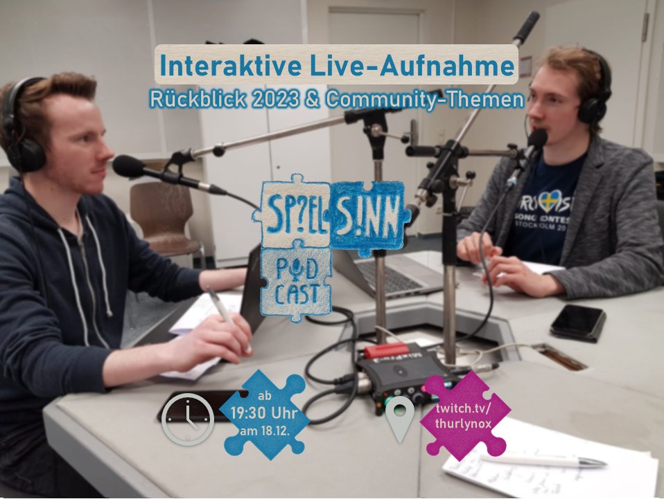 Spielsinn Podcast (@spielsinn) on Twitter photo ✨Es wieder soweit: heute läuft die alljährliche Live-Aufnahme vom Spielsinn Podcast zum Jahresende. Wir wollen gemeinsam mit Euch die Highlights von 2023 sowie verpasste Themen diskutieren und Eure Fragen beantworten. 🕢Ab 19:30 Uhr bei <a href="/thurlynox/">Thurlynox - the gaming turtle 🎮🐢</a>: twitch.tv/thurlynox ✨Es wieder soweit: heute läuft die alljährliche Live-Aufnahme vom Spielsinn Podcast zum Jahresende. Wir wollen gemeinsam mit Euch die Highlights von 2023 sowie verpasste Themen diskutieren und Eure Fragen beantworten. 🕢Ab 19:30 Uhr bei <a href="/thurlynox/">Thurlynox - the gaming turtle 🎮🐢</a>: twitch.tv/thurlynox