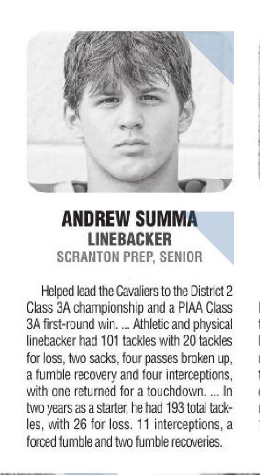 Andrew Summa (@summaandrew) on Twitter photo Honored to be chosen ALL REGION FIRST TEAM LB
<a href="/Get__Recruited/">Get Recruited</a> <a href="/GoMVB/">GoMVB Get Seen. Get Serious. Get to the Next Level</a> <a href="/scrantonprep/">Scranton Prep</a> <a href="/ScrPrepSports/">Scranton Prep Sports</a> Honored to be chosen ALL REGION FIRST TEAM LB
<a href="/Get__Recruited/">Get Recruited</a> <a href="/GoMVB/">GoMVB Get Seen. Get Serious. Get to the Next Level</a> <a href="/scrantonprep/">Scranton Prep</a> <a href="/ScrPrepSports/">Scranton Prep Sports</a>