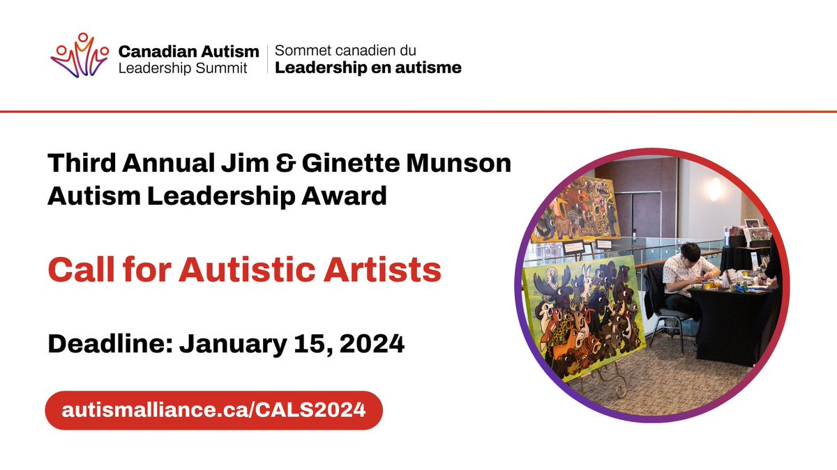 Are you an #ActuallyAutistic artist?

We are commissioning a work of art that will be presented next #WorldAutismMonth to the recipient of the Third Annual Jim &amp; Ginette Munson Autism Leadership Award at #CALS2024!

Submit your artwork by Jan 15: bit.ly/48nNzot!
