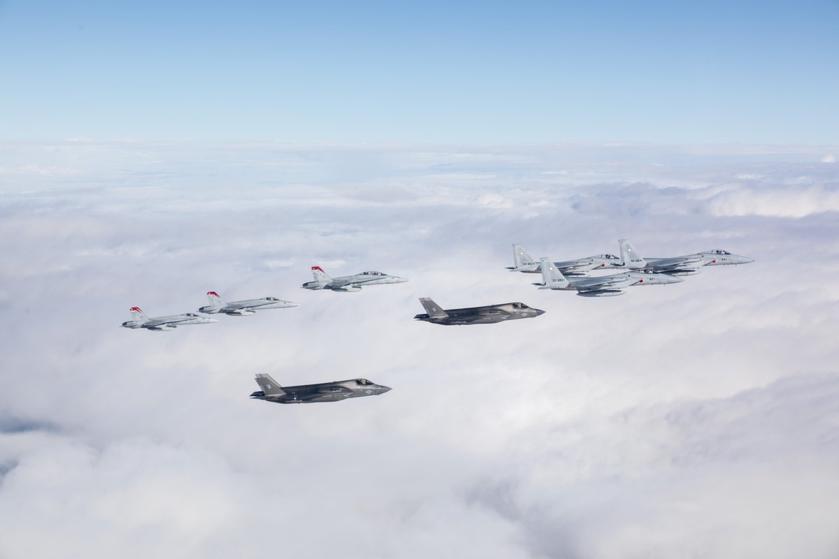 #MarineCorps F/A-18 Hornets, F-35B Lightning IIs, and F-15Js with Japan Air Self-Defense Force fly in formation during the Aircraft Training Relocation program (ATR), Dec. 12. The ATR allows U.S. #aviation units in the Indo-Pacific to improve interoperability. #FlyMarines