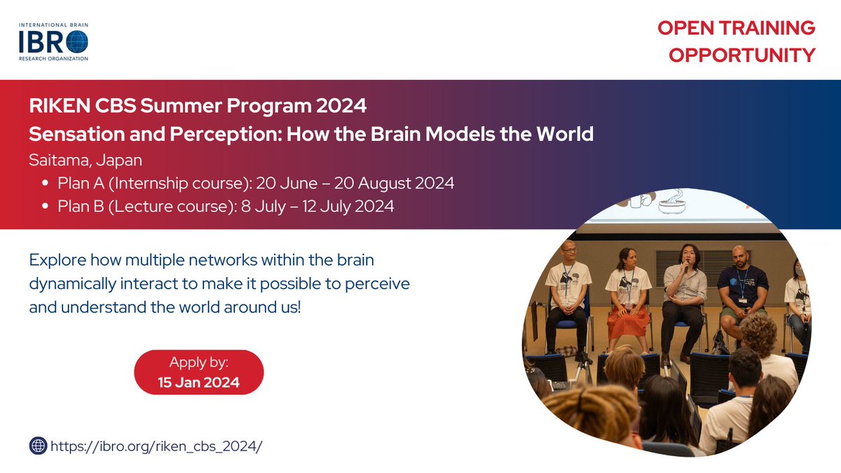 Apply to be part of this exciting IBRO-supported @RIKEN_CBS school on how networks within the #brain dynamically interact to perceive & understand the 🌏 📍Japan ⏰ Apply by 15 Jan 2024 + info: ow.ly/JUtX50Qj7p4 @cheahpikesee @JQIpLab @DrLinOng @MounaMaroun #training