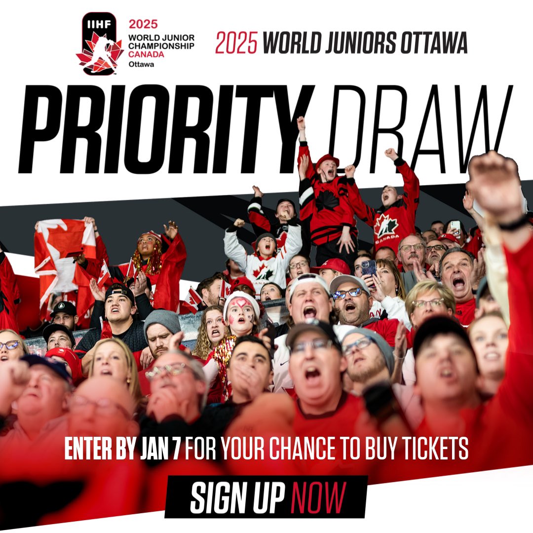 Want to be there when the #WorldJuniors returns to Ottawa next year? The Priority Ticket Draw is your only way in! 🎟️
 
REGISTER NOW! HockeyCanada.ca/Tickets