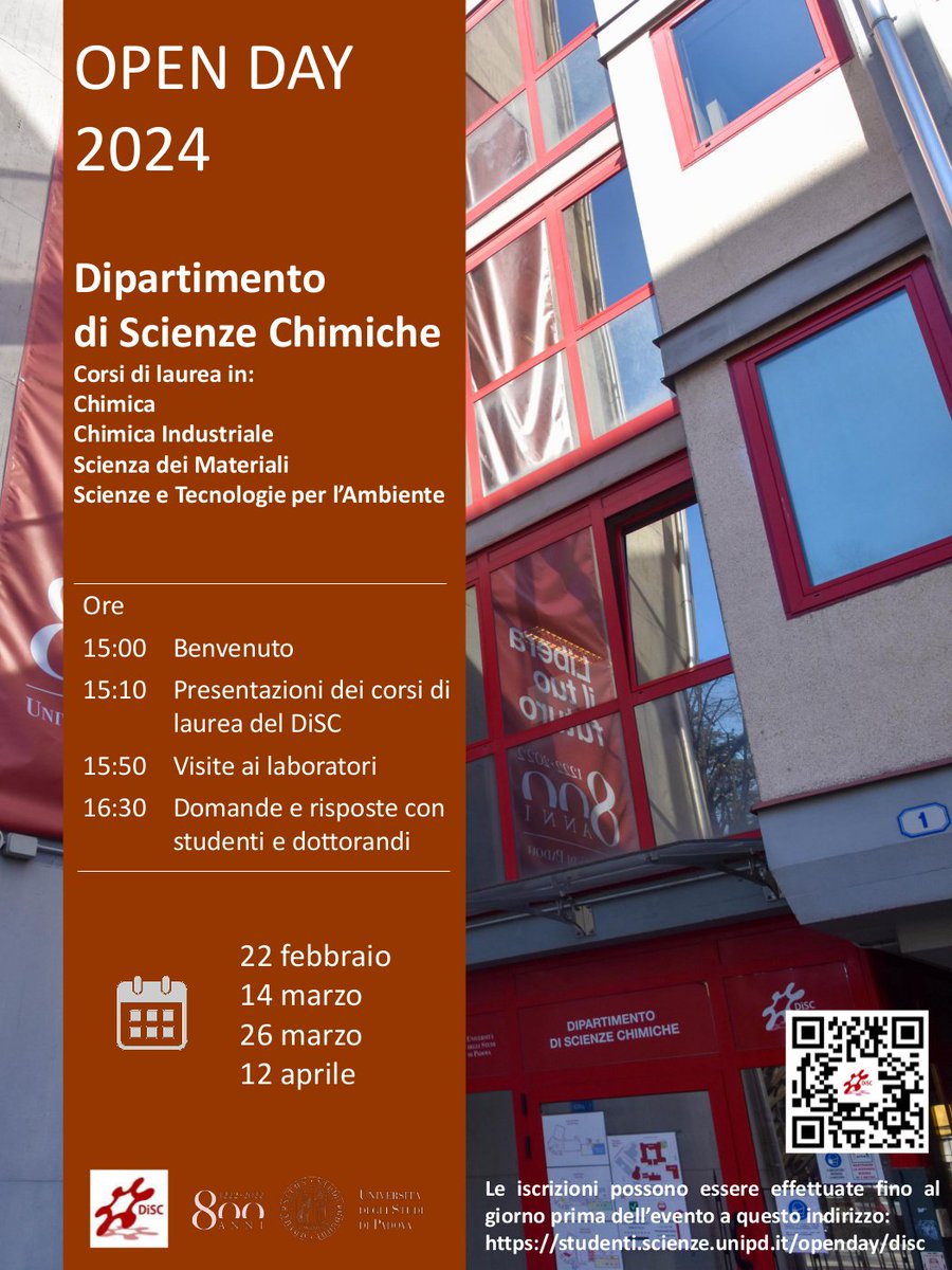 Open Day 2024 - Dipartimento di Scienze Chimiche - Via Marzolo 1, Padova

Corsi di laurea in:
- Chimica
- Chimica Industriale
- Scienza dei Materiali
- Scienze e Tecnologie per l'Ambiente

22 febbraio 2024
14 marzo 2024
26 marzo 2024
12 aprile 2024