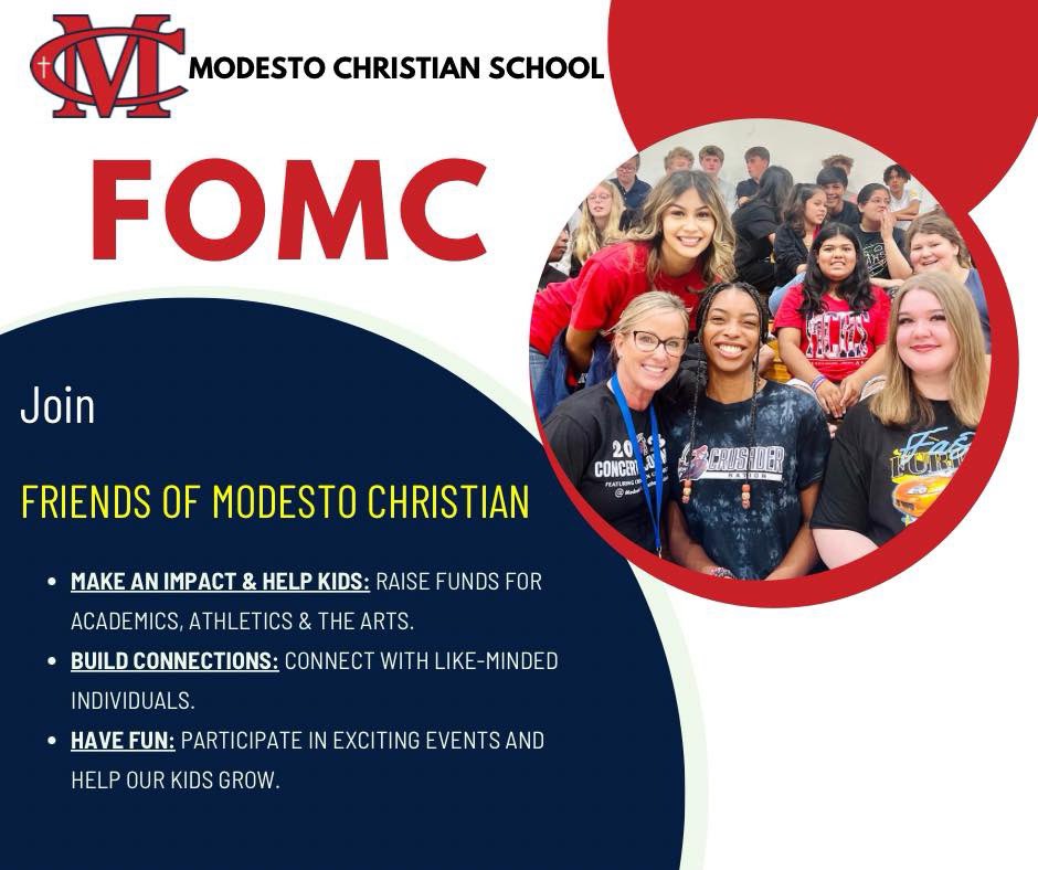 📣 Calling all Friends of Modesto Christian! 📣 Get involved in the growing MC Community. Make an impact & help kids. Build connections. Have fun. Contact Kurt Bryan to learn more and join FOMC today!! 209-529-5510 ext. 2371 📧 kurt.bryan@modestochristian.org @WeAreMCStrong